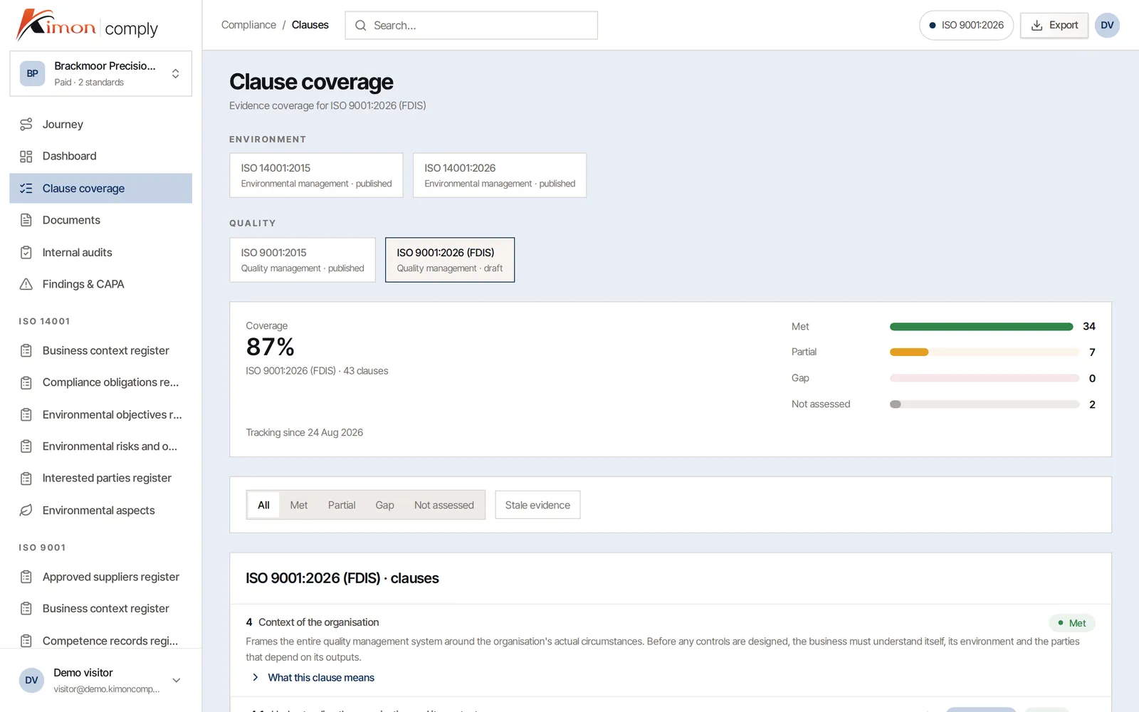 The quality manager's view of how the demo company's records cover each part of ISO 9001