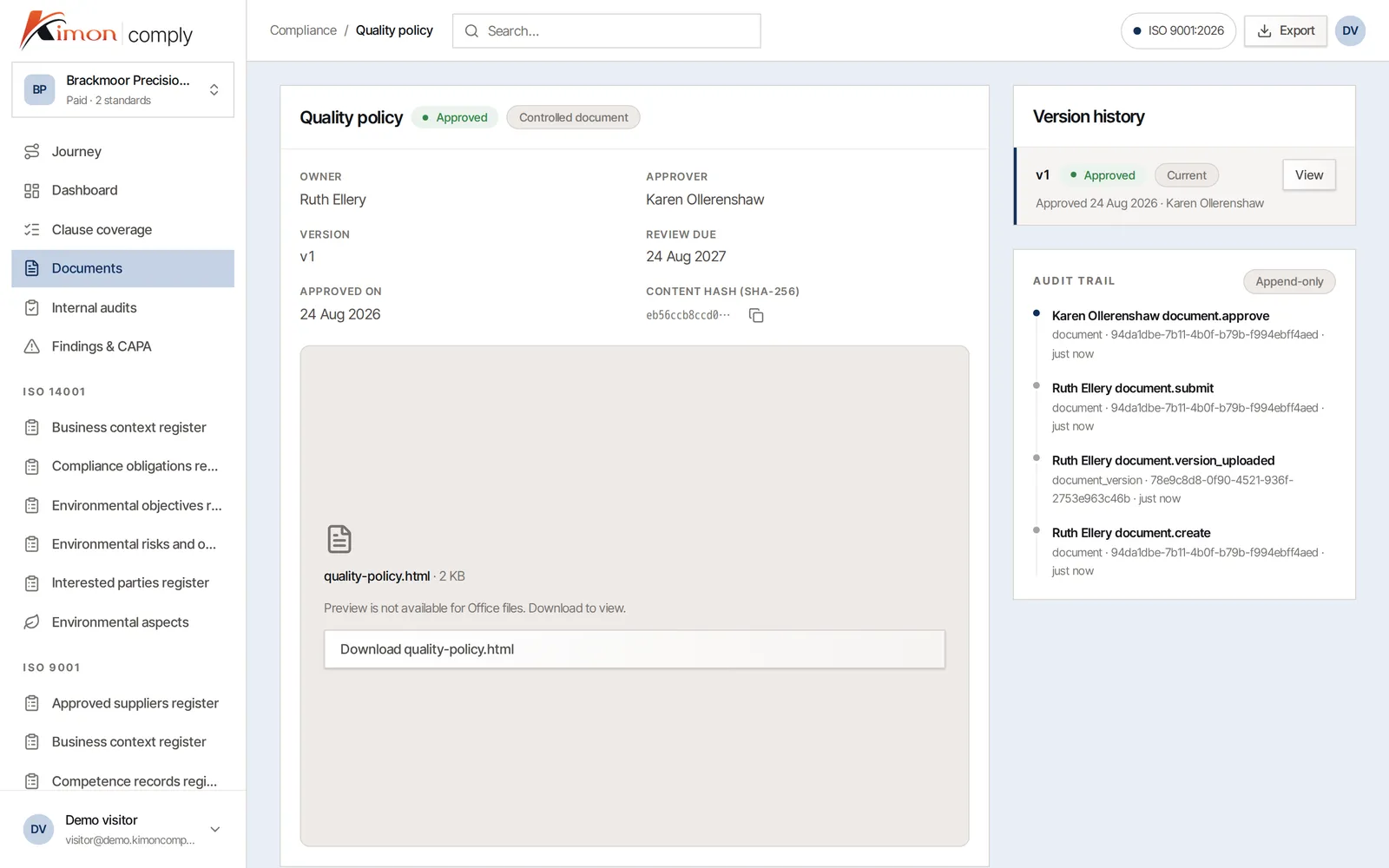 A controlled document with its versions and review date