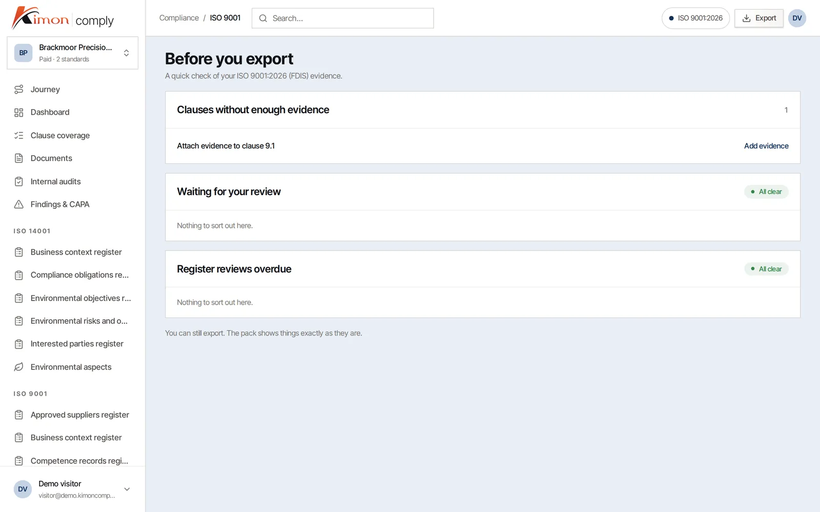 The check KimonComply runs before you export the ISO 9001 audit pack