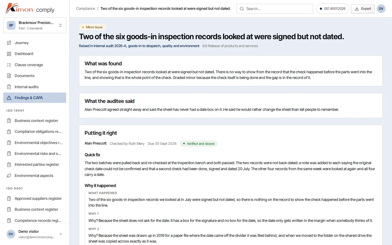 A finding followed from the problem to a checked fix